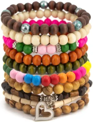 10-Piece Set Vacation Style Wooden Bead Bracelets - Unisex Fashion Accessories, No Plating, Rustic Vintage Design - Ideal for Casual Wear & Gifts