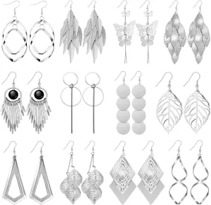 12 Pairs Drop Dangle Earrings Bohemian Long Earrings Vintage Statement Jewelry Holiday Gift for Women(Silver)