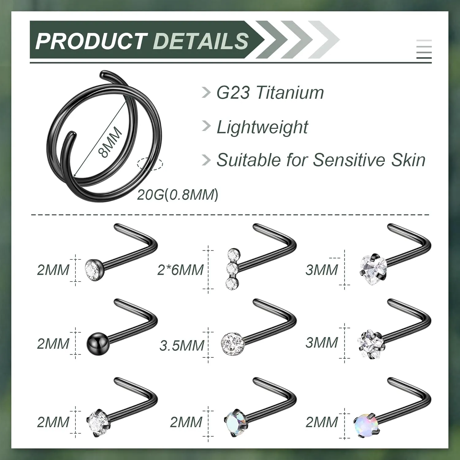 12PCS 20G G23 Titanium Nose Rings for Women Men Double Nose Rings Hoops for Sensitive Skin L Shaped Nose Studs Hypoallergenic CZ Ball Nose Piercing Jewelry
