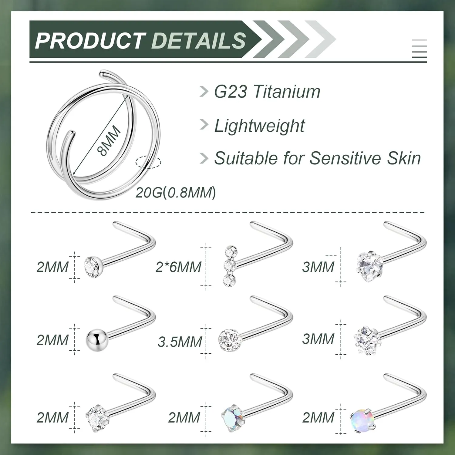 12PCS 20G G23 Titanium Nose Rings for Women Men Double Nose Rings Hoops for Sensitive Skin L Shaped Nose Studs Hypoallergenic CZ Ball Nose Piercing Jewelry