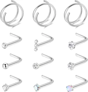 12PCS 20G G23 Titanium Nose Rings for Women Men Double Nose Rings Hoops for Sensitive Skin L Shaped Nose Studs Hypoallergenic CZ Ball Nose Piercing Jewelry
