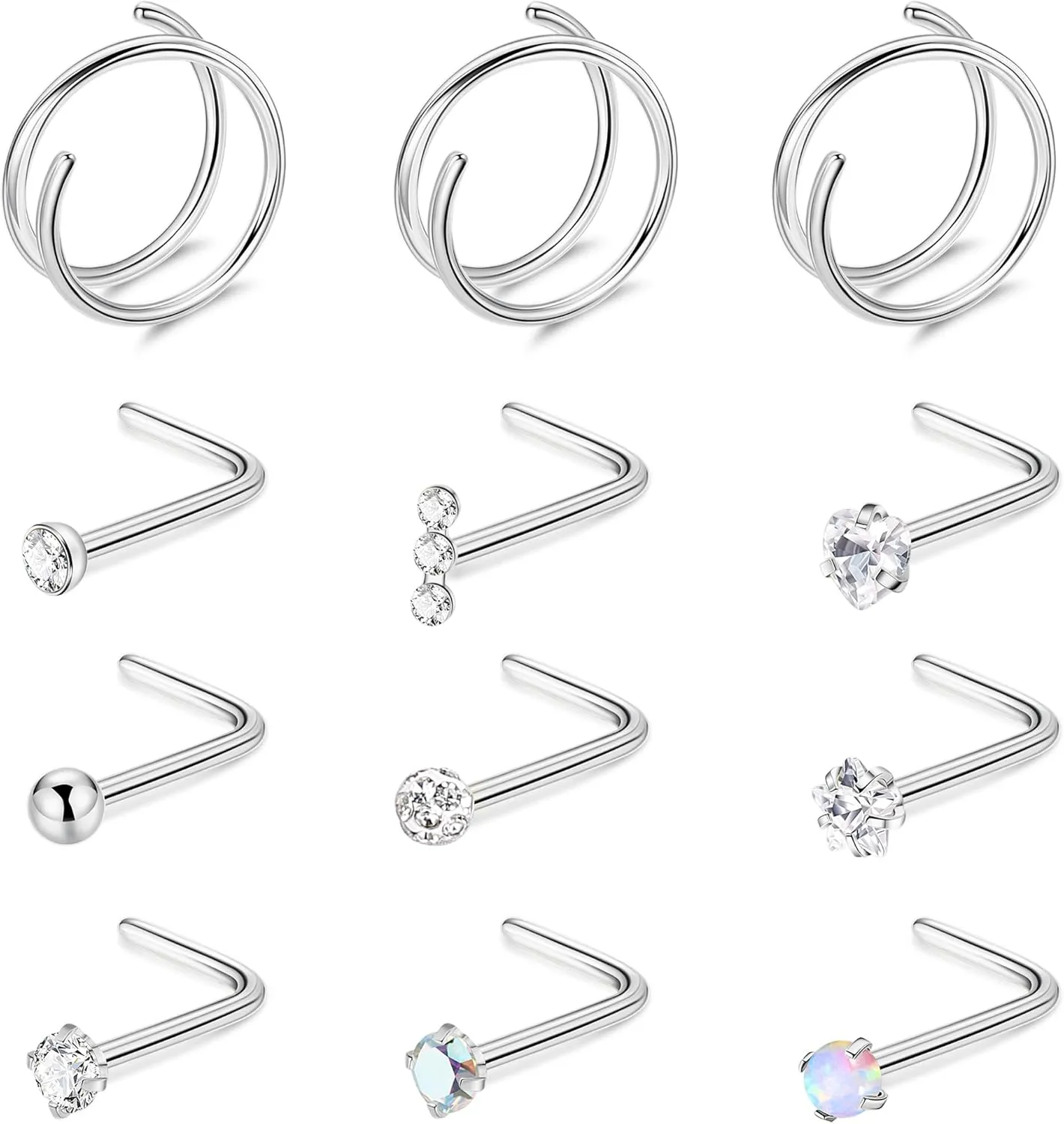 12PCS 20G G23 Titanium Nose Rings for Women Men Double Nose Rings Hoops for Sensitive Skin L Shaped Nose Studs Hypoallergenic CZ Ball Nose Piercing Jewelry