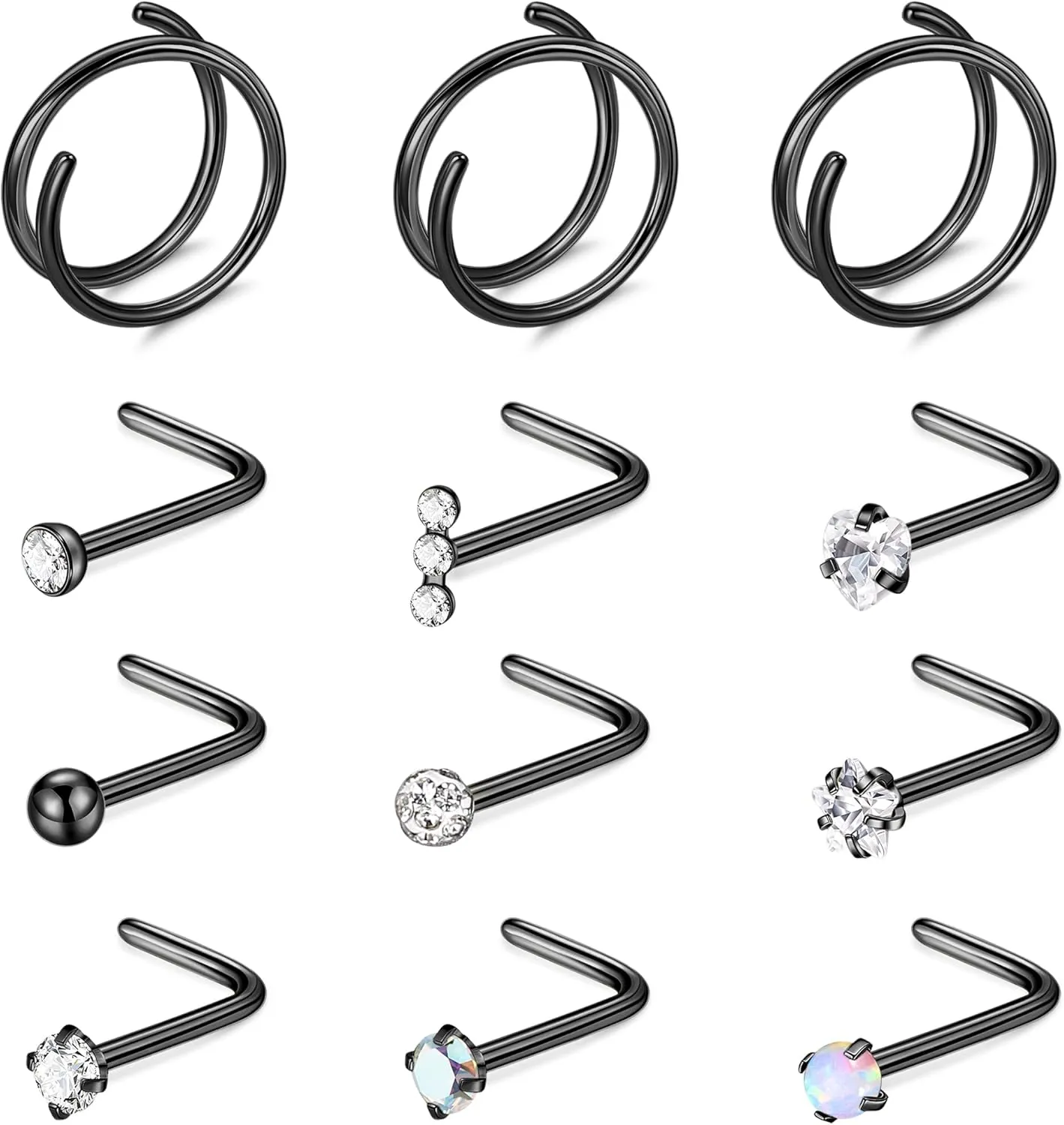 12PCS 20G G23 Titanium Nose Rings for Women Men Double Nose Rings Hoops for Sensitive Skin L Shaped Nose Studs Hypoallergenic CZ Ball Nose Piercing Jewelry