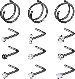 12PCS 20G G23 Titanium Nose Rings for Women Men Double Nose Rings Hoops for Sensitive Skin L Shaped Nose Studs Hypoallergenic CZ Ball Nose Piercing Jewelry
