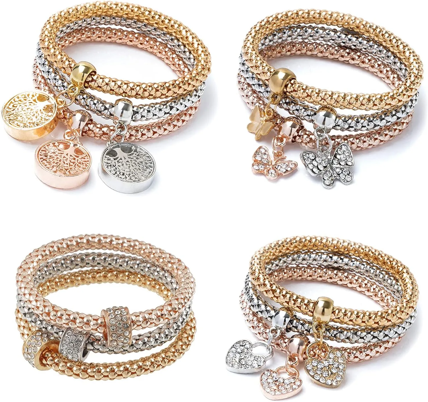 12PCS Gold/Silver/Rose Gold Corn Chain Bracelet Crystal Multilayer Butterfly Heart circle Life tree locket Charming Stretch Bracelet for Women SZ06