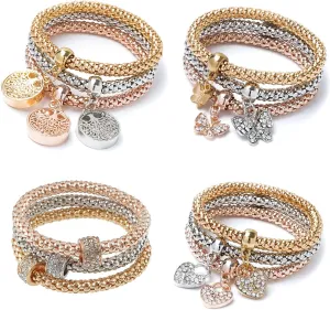 12PCS Gold/Silver/Rose Gold Corn Chain Bracelet Crystal Multilayer Butterfly Heart circle Life tree locket Charming Stretch Bracelet for Women SZ06