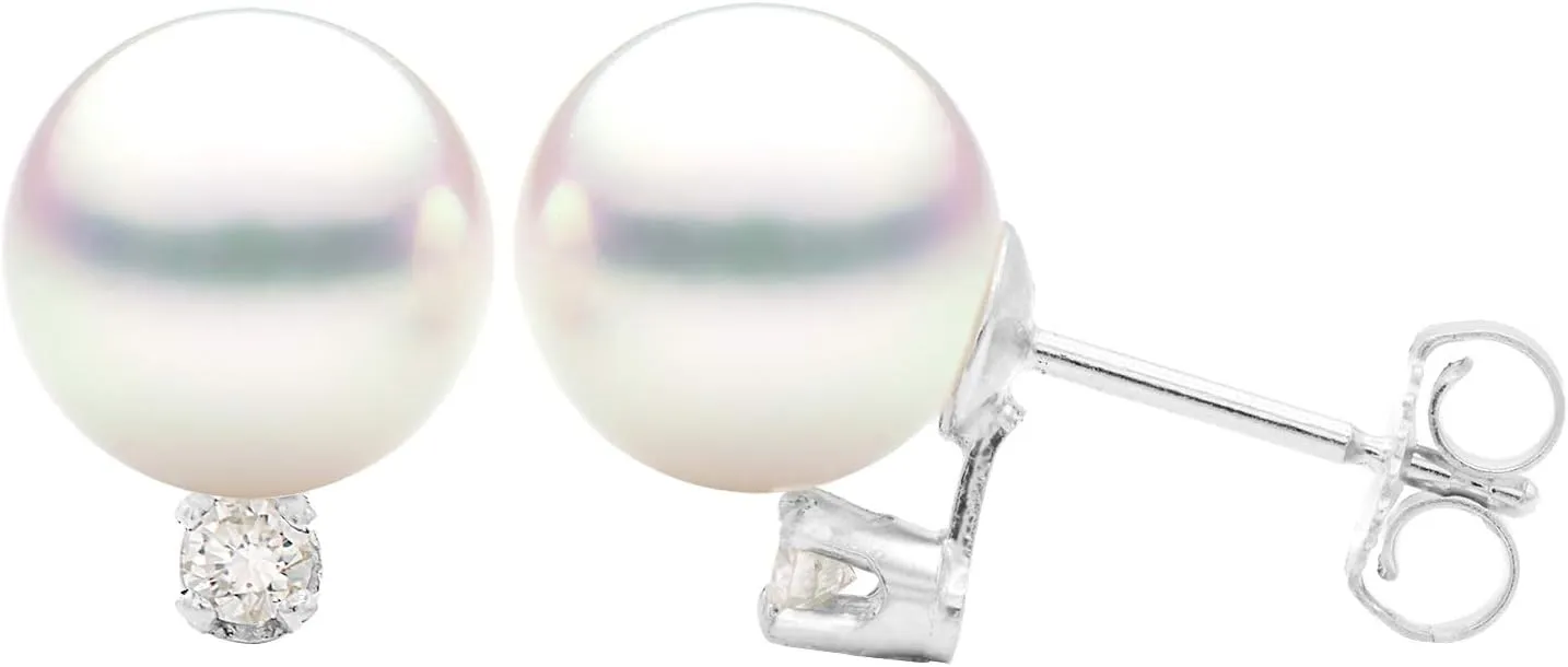 14K Gold 8.5-9mm White Akoya Saltwater Cultured Pearl Diamond Stud Earrings AAAA Quality