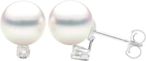 14K Gold 8.5-9mm White Akoya Saltwater Cultured Pearl Diamond Stud Earrings AAAA Quality