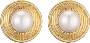 14K Gold Pearl Stud Earrings, Gold-Plated Round Design with Textured Frame, Classic Statement Jewelry