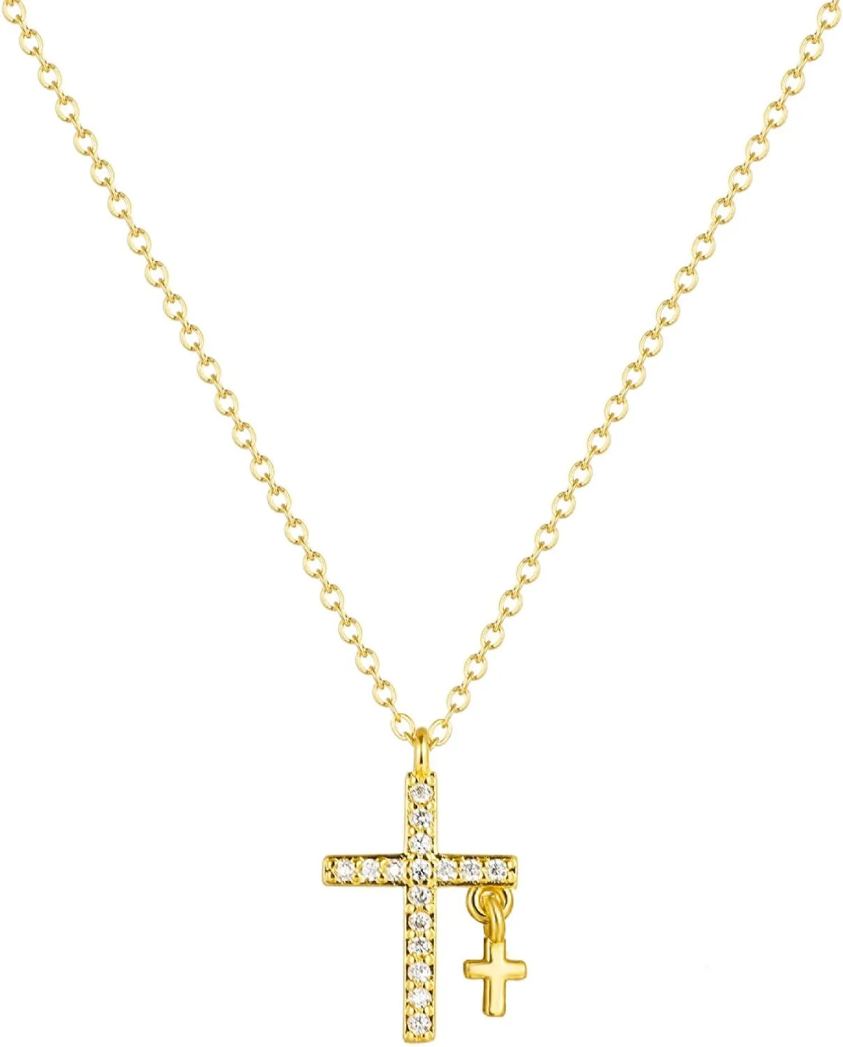 14K Gold Plated Cross Necklace for Women Double Cross Pendant Necklace Cubic Zirconia Cross Chain Necklace Jewelry (Gold)