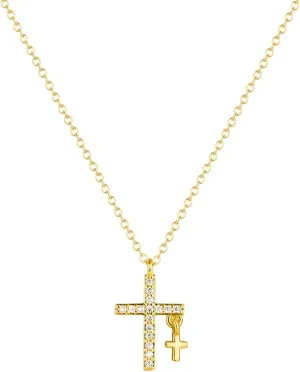 14K Gold Plated Cross Necklace for Women Double Cross Pendant Necklace Cubic Zirconia Cross Chain Necklace Jewelry (Gold)