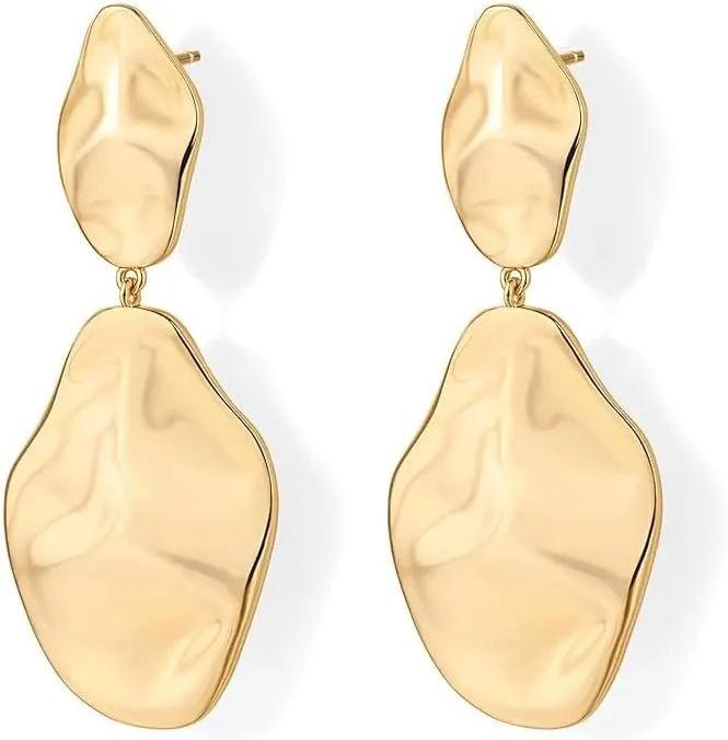 14K Gold Plated Geometric Posts Teardrop Statement Dangle Earrings for Women Boho Hammered Earrings Irregular Gold Stud Earrings Trendy Bohemia Jewelry Gift