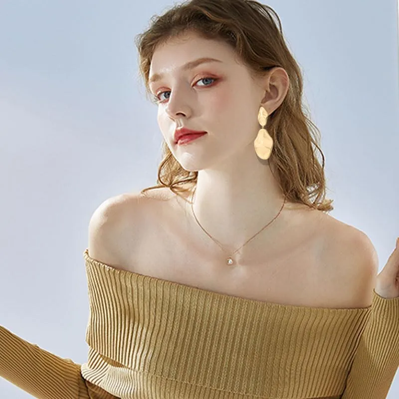 14K Gold Plated Geometric Posts Teardrop Statement Dangle Earrings for Women Boho Hammered Earrings Irregular Gold Stud Earrings Trendy Bohemia Jewelry Gift