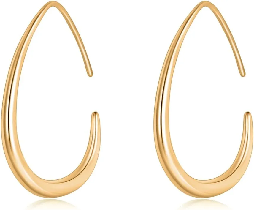 14K Gold Plated Lightweight Teardrop Hoop Earrings for Women Hypoallergenic Oval Pull Through Hoop Earrings Trendy Gold Stud Earrings Women Fashion Jewelry