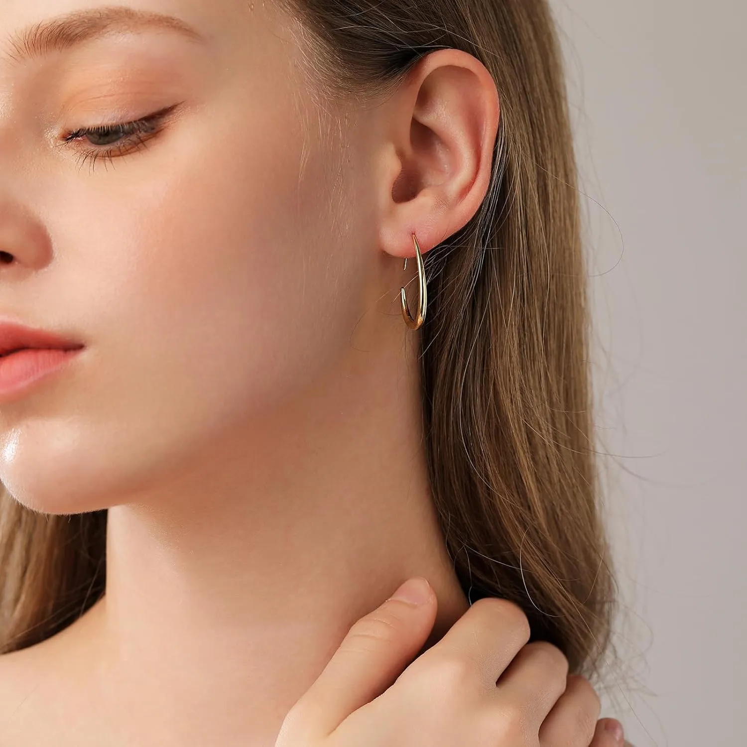 14K Gold Plated Lightweight Teardrop Hoop Earrings for Women Hypoallergenic Oval Pull Through Hoop Earrings Trendy Gold Stud Earrings Women Fashion Jewelry