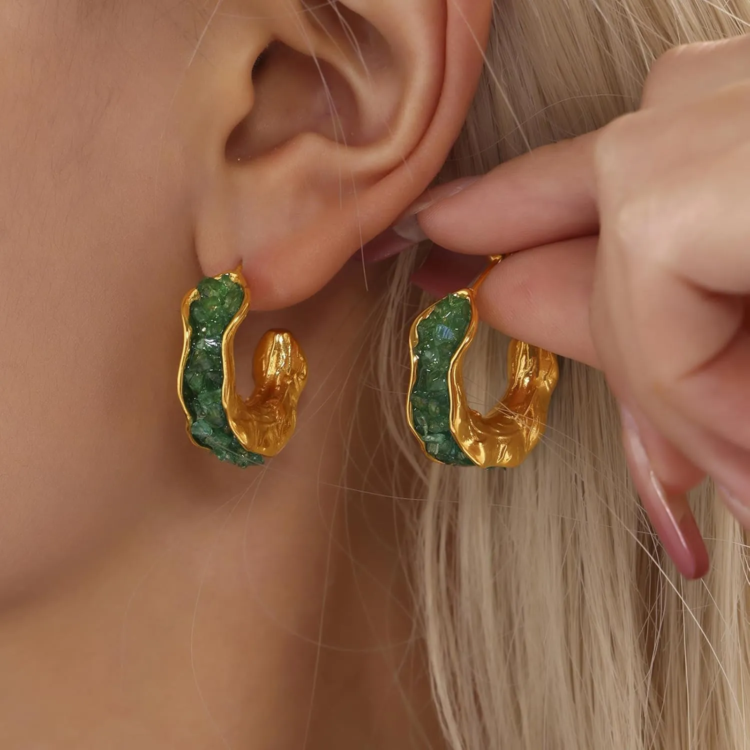 14K Gold Plated Purple and Green Crystal Hoop Earrings for Women, Stainless Steel Lightweight Earrings, Textured Gold-Tone Statement Jewelry for Everyday and Special Occasions
