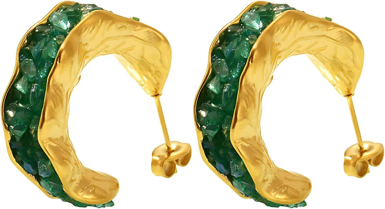 14K Gold Plated Purple and Green Crystal Hoop Earrings for Women, Stainless Steel Lightweight Earrings, Textured Gold-Tone Statement Jewelry for Everyday and Special Occasions