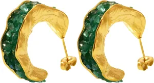 14K Gold Plated Purple and Green Crystal Hoop Earrings for Women, Stainless Steel Lightweight Earrings, Textured Gold-Tone Statement Jewelry for Everyday and Special Occasions