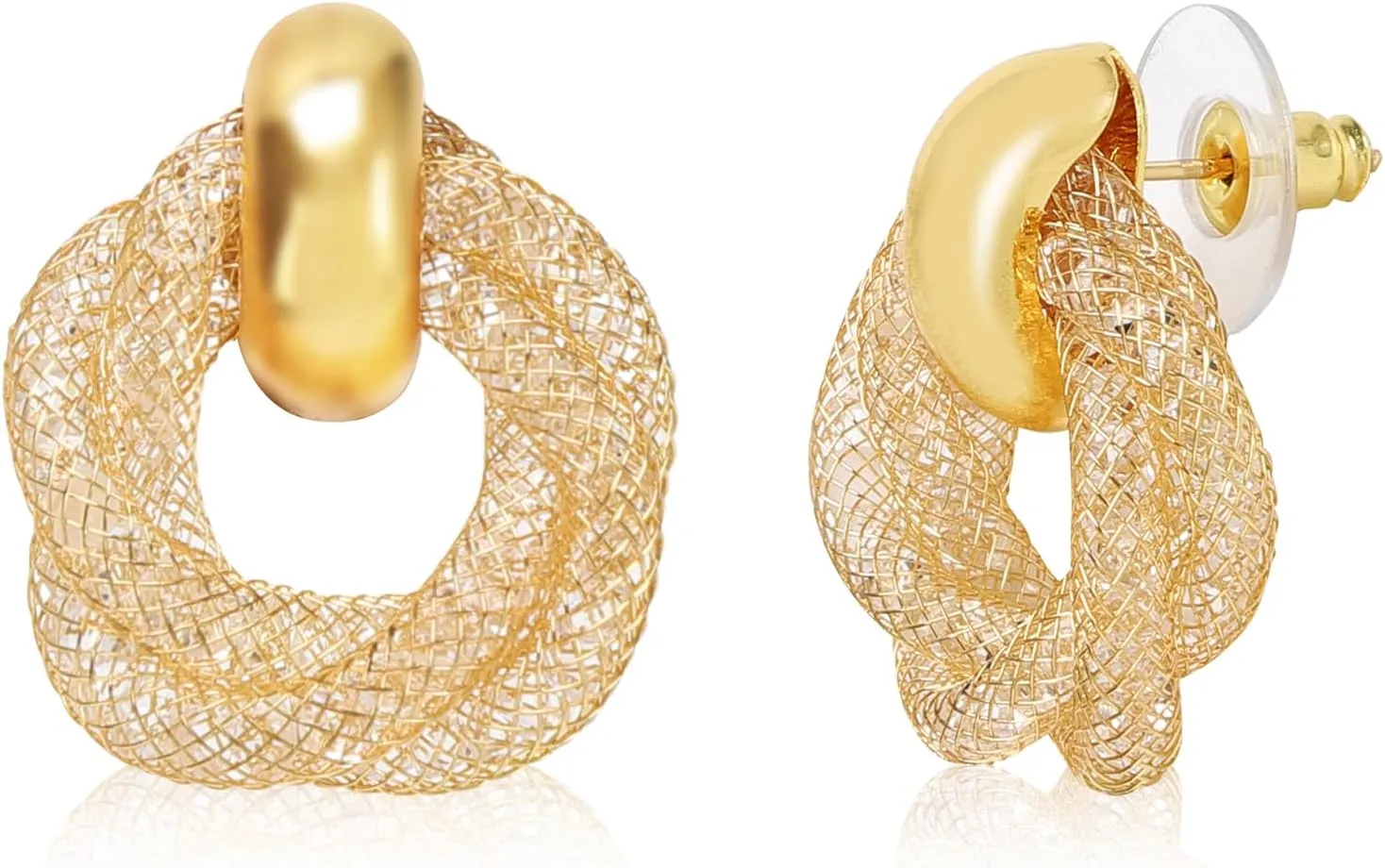 14K Gold Plated Twisted Hoop Earrings for Women, Small Lightweight Gold Hoop Earrings with Cubic Zirconia Mesh, Hypoallergenic Nickel-Free Gold Hoops