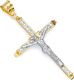 14k REAL Two Tone Gold CZ Crucifix Jesus Cross Religious Charm Pendant (Size : 51 x 27 mm)