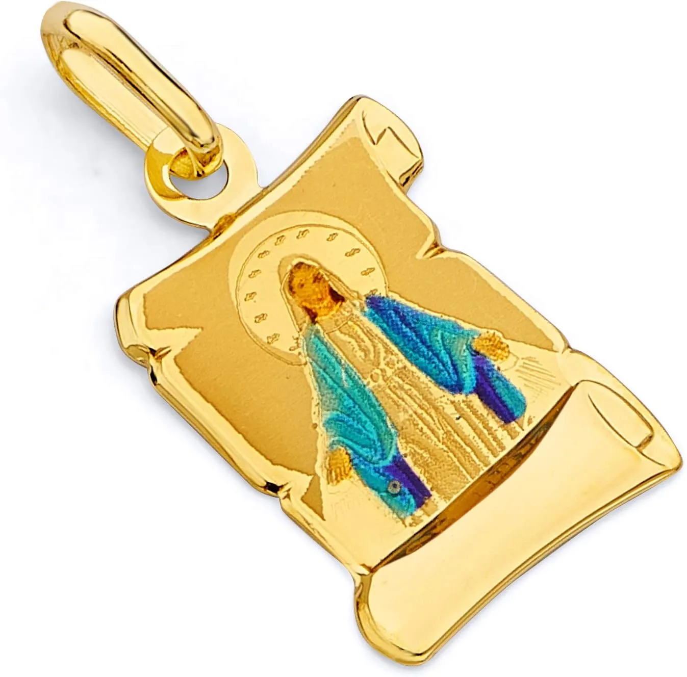 14k REAL Yellow Gold Religious Blessed Virgin Mary Enamel Picture Charm Pendant