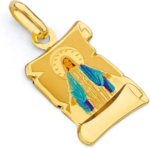 14k REAL Yellow Gold Religious Blessed Virgin Mary Enamel Picture Charm Pendant