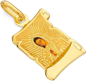 14k REAL Yellow Gold Religious Our Lady of Guadalupe Enamel Picture Charm Pendant