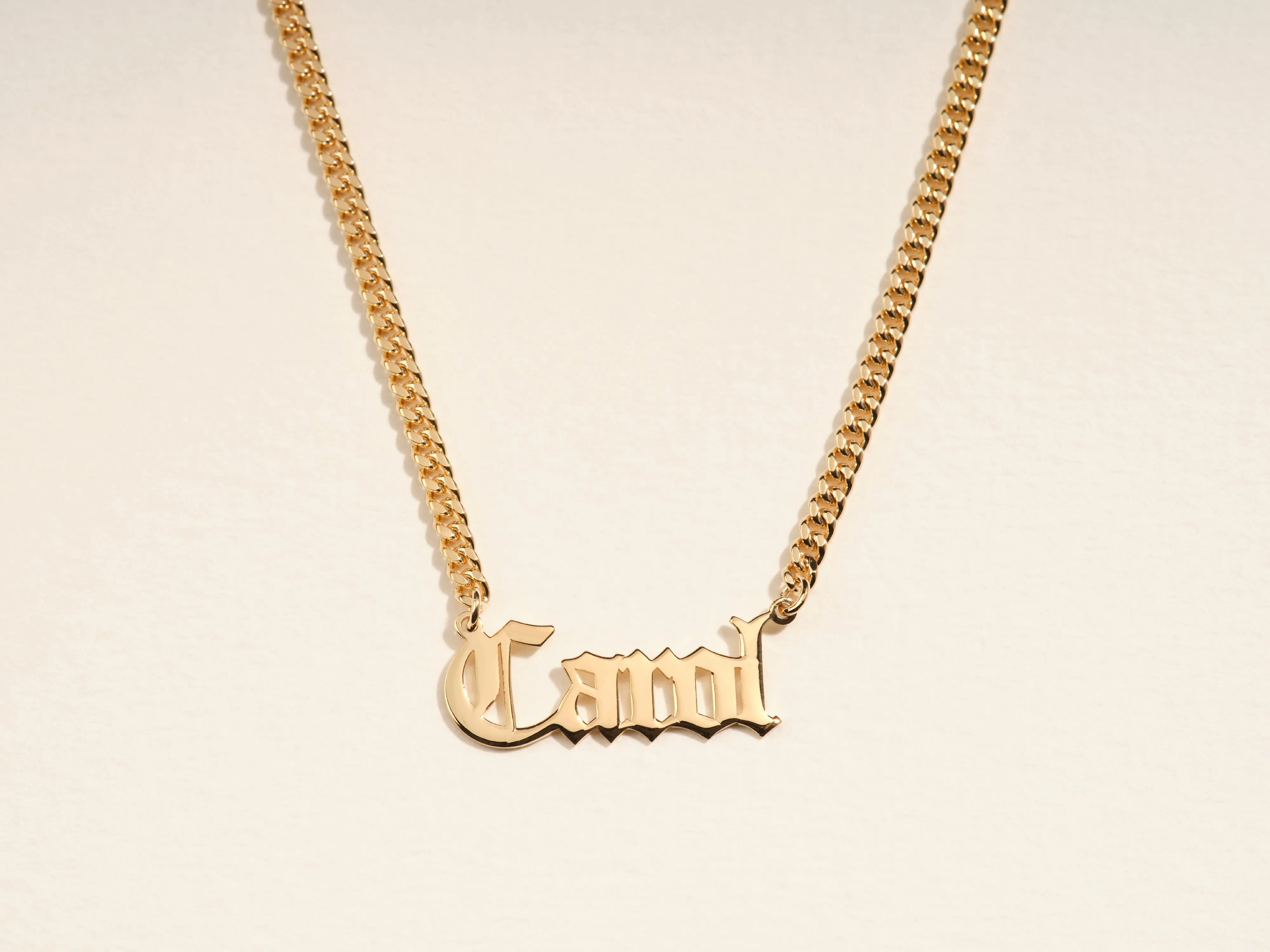 14k Solid Gold Cuban Chain Old English Font Name Necklace