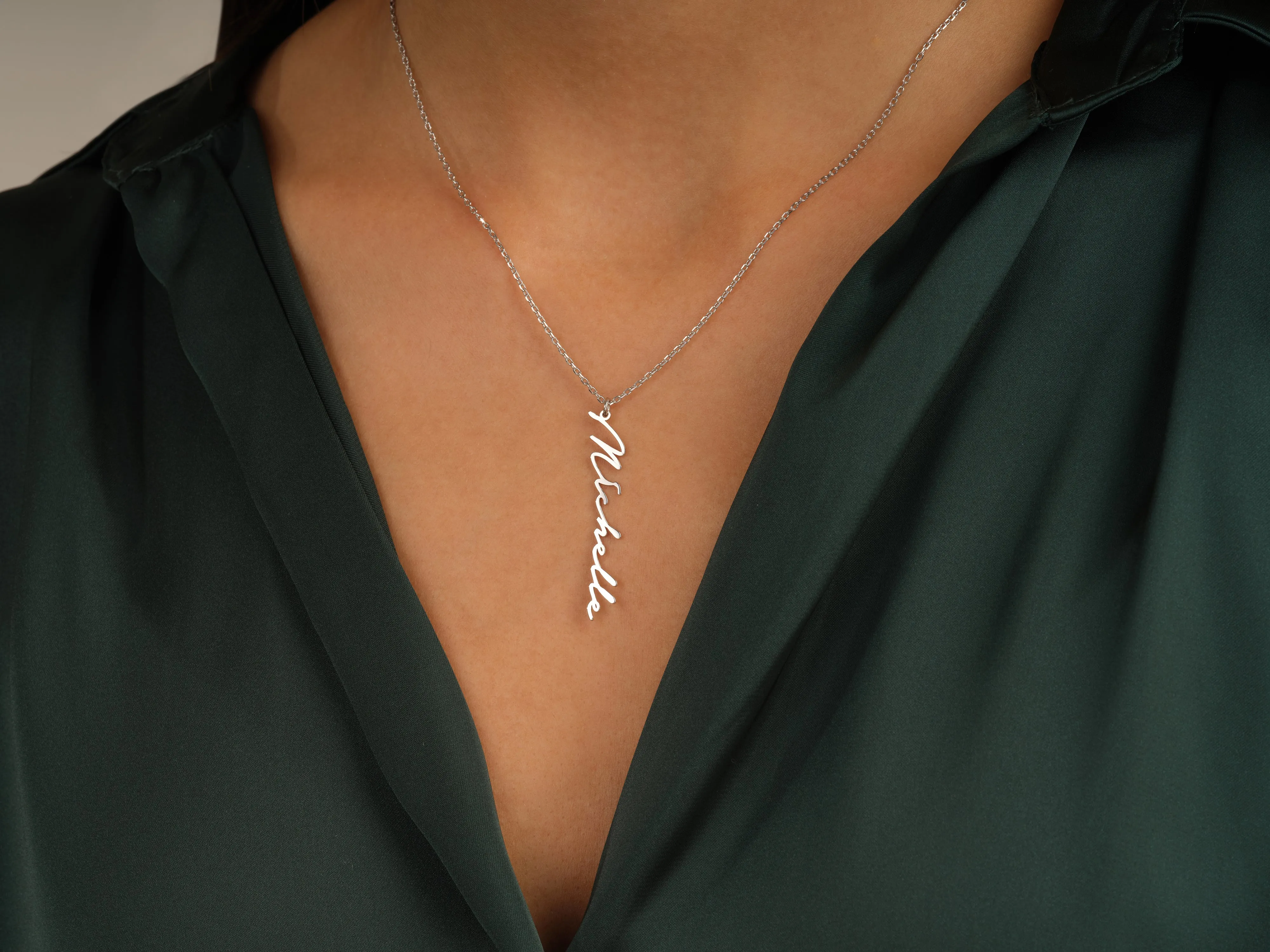 14k Solid Gold Cursive Font Vertical Name Necklace