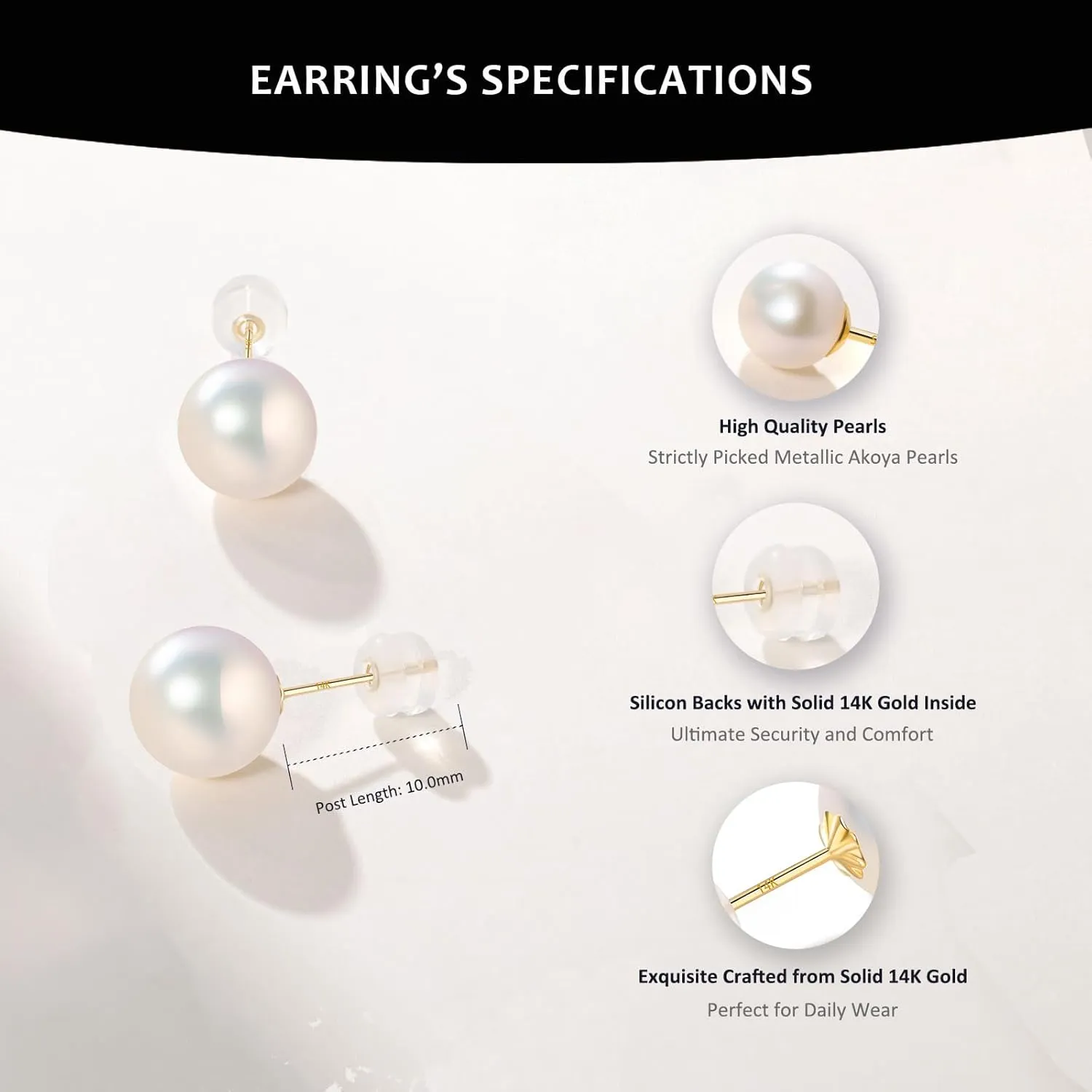 14K Solid Gold Earrings with Akoya Cultured Pearl Studs, Classic Round Blue/Golden/White Pearl, Hypoallergenic for Sensitive Ears, Jewelry Gifts for Women
