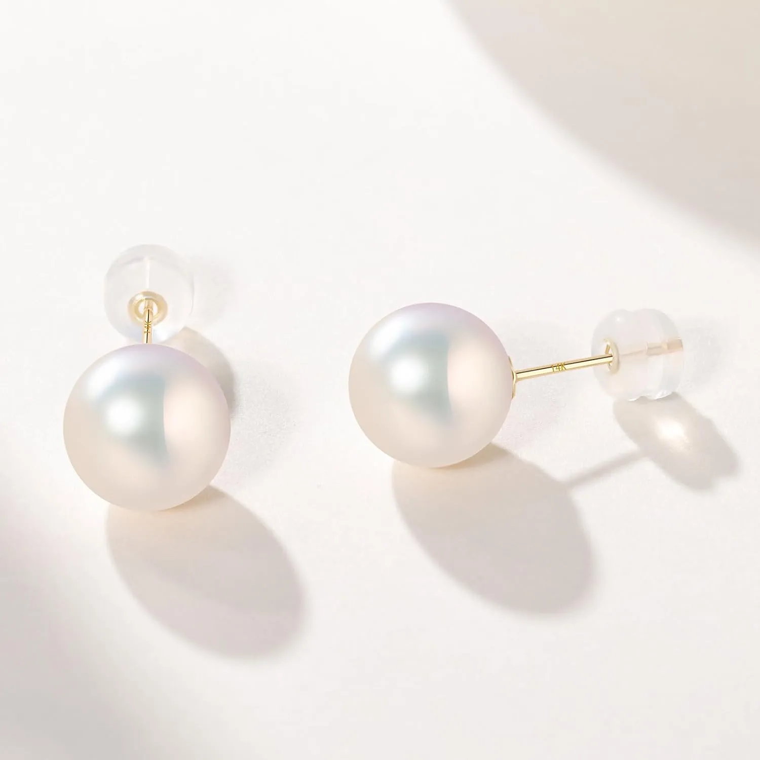 14K Solid Gold Earrings with Akoya Cultured Pearl Studs, Classic Round Blue/Golden/White Pearl, Hypoallergenic for Sensitive Ears, Jewelry Gifts for Women