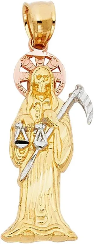 14K Tri Color Gold Grim Reaper Religious Charm Pendant For Necklace or Chain