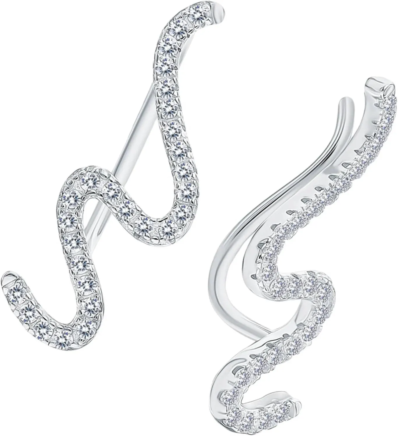14k White Gold Curved Wave Climber Earrings, Wrap Lock Crawler Ear Cuff, Bold Pave Diamond (0.84ct) Snake Earring, Gift For Her.