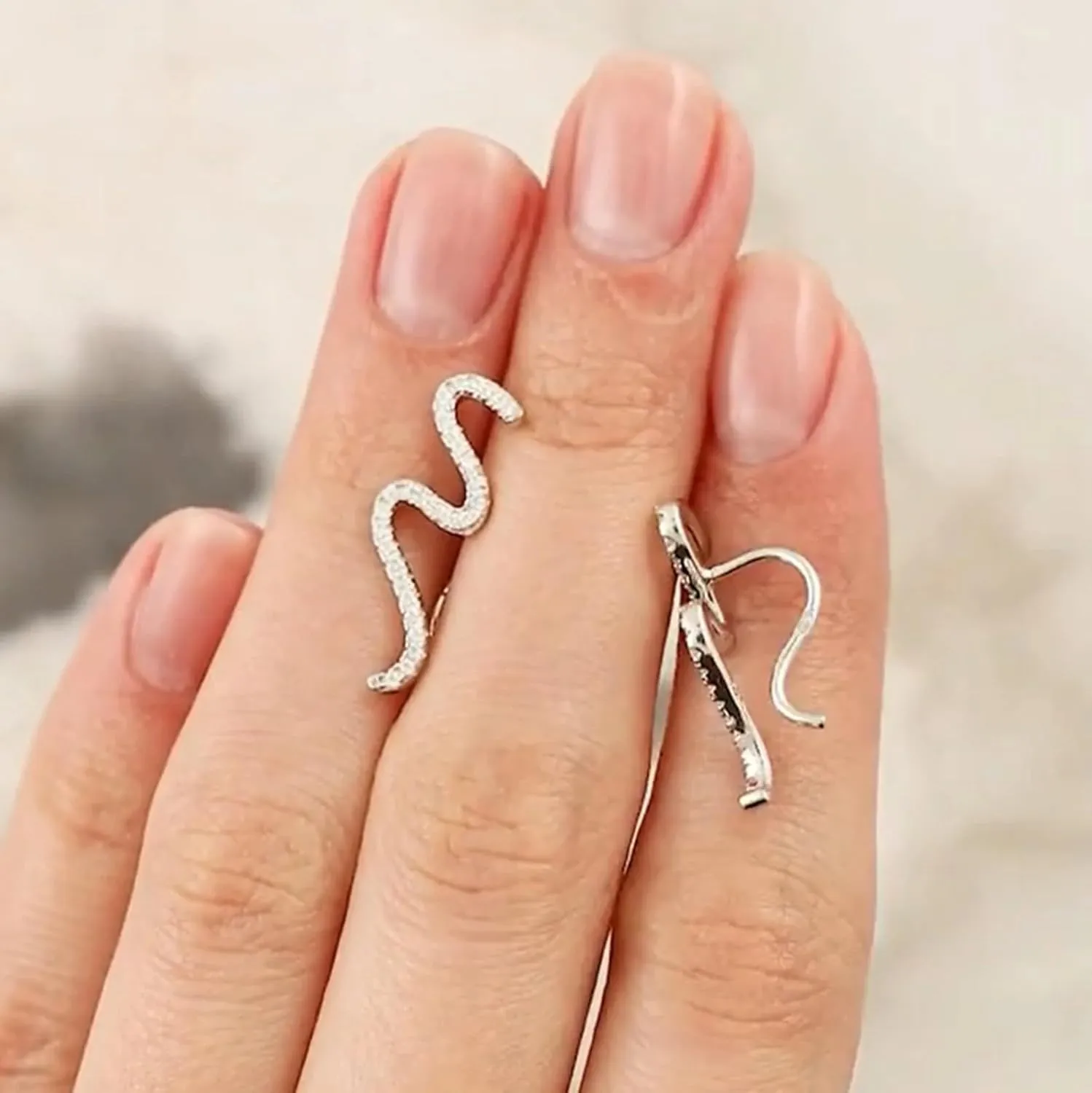 14k White Gold Curved Wave Climber Earrings, Wrap Lock Crawler Ear Cuff, Bold Pave Diamond (0.84ct) Snake Earring, Gift For Her.