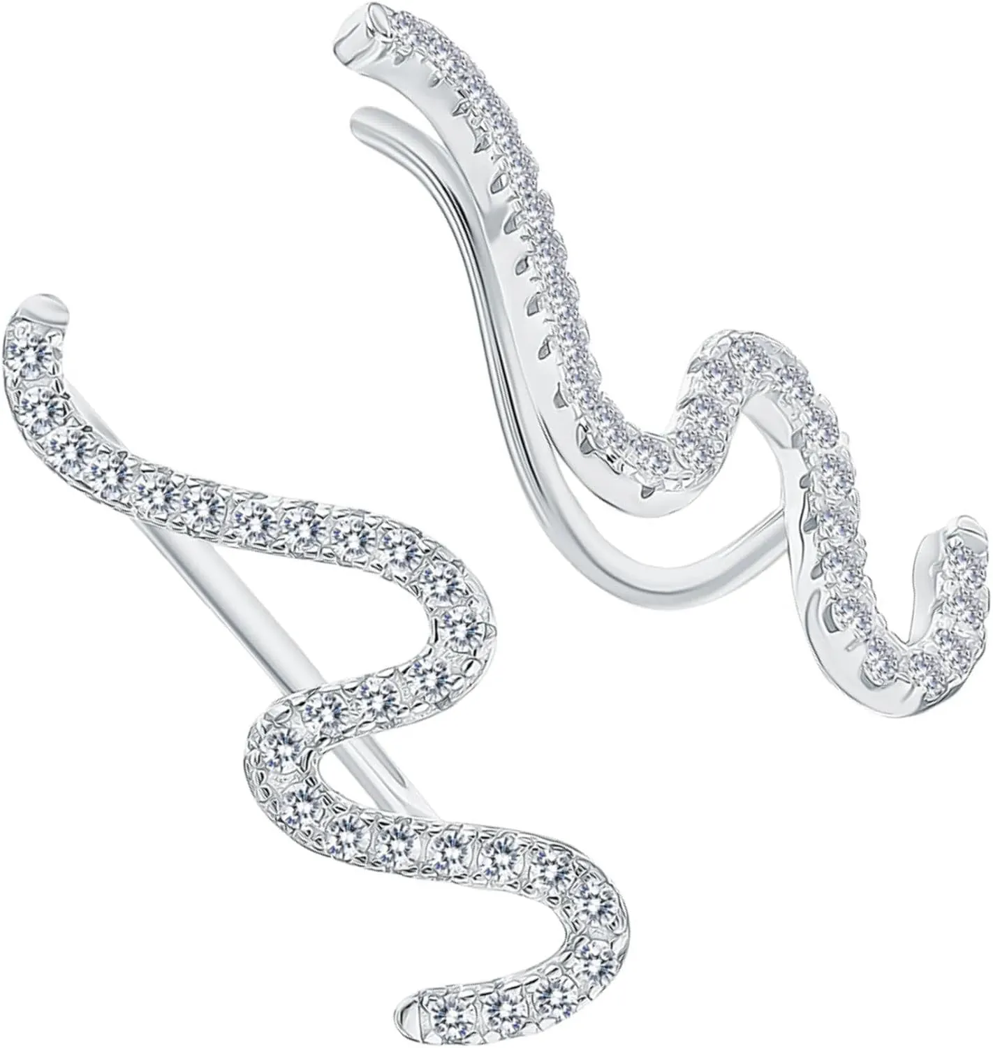 14k White Gold Curved Wave Climber Earrings, Wrap Lock Crawler Ear Cuff, Bold Pave Diamond (0.84ct) Snake Earring, Gift For Her.