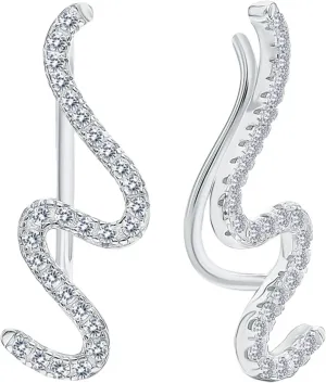 14k White Gold Curved Wave Climber Earrings, Wrap Lock Crawler Ear Cuff, Bold Pave Diamond (0.84ct) Snake Earring, Gift For Her.