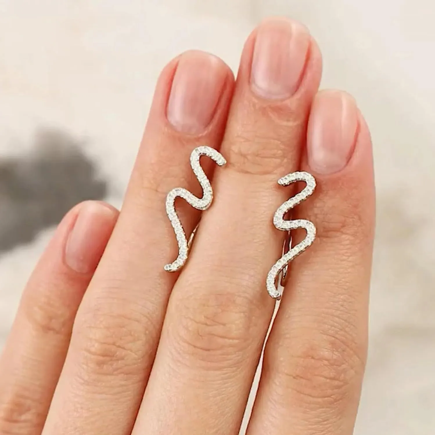 14k White Gold Curved Wave Climber Earrings, Wrap Lock Crawler Ear Cuff, Bold Pave Diamond (0.84ct) Snake Earring, Gift For Her.