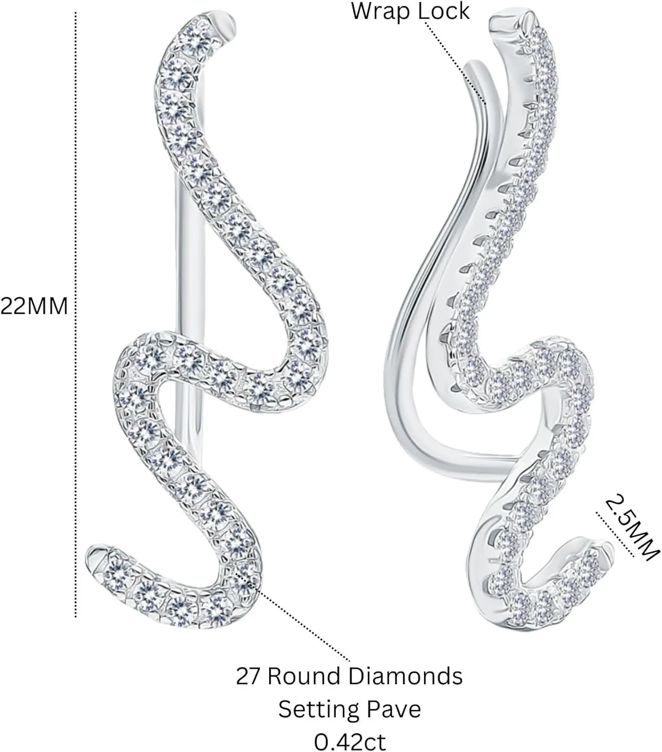 14k White Gold Curved Wave Climber Earrings, Wrap Lock Crawler Ear Cuff, Bold Pave Diamond (0.84ct) Snake Earring, Gift For Her.
