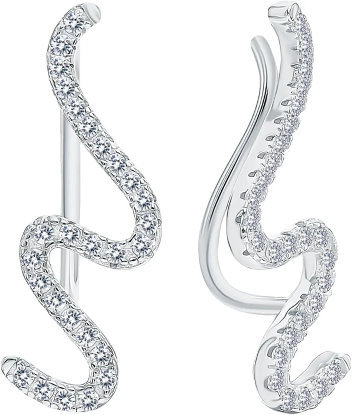 14k White Gold Curved Wave Climber Earrings, Wrap Lock Crawler Ear Cuff, Bold Pave Diamond (0.84ct) Snake Earring, Gift For Her.