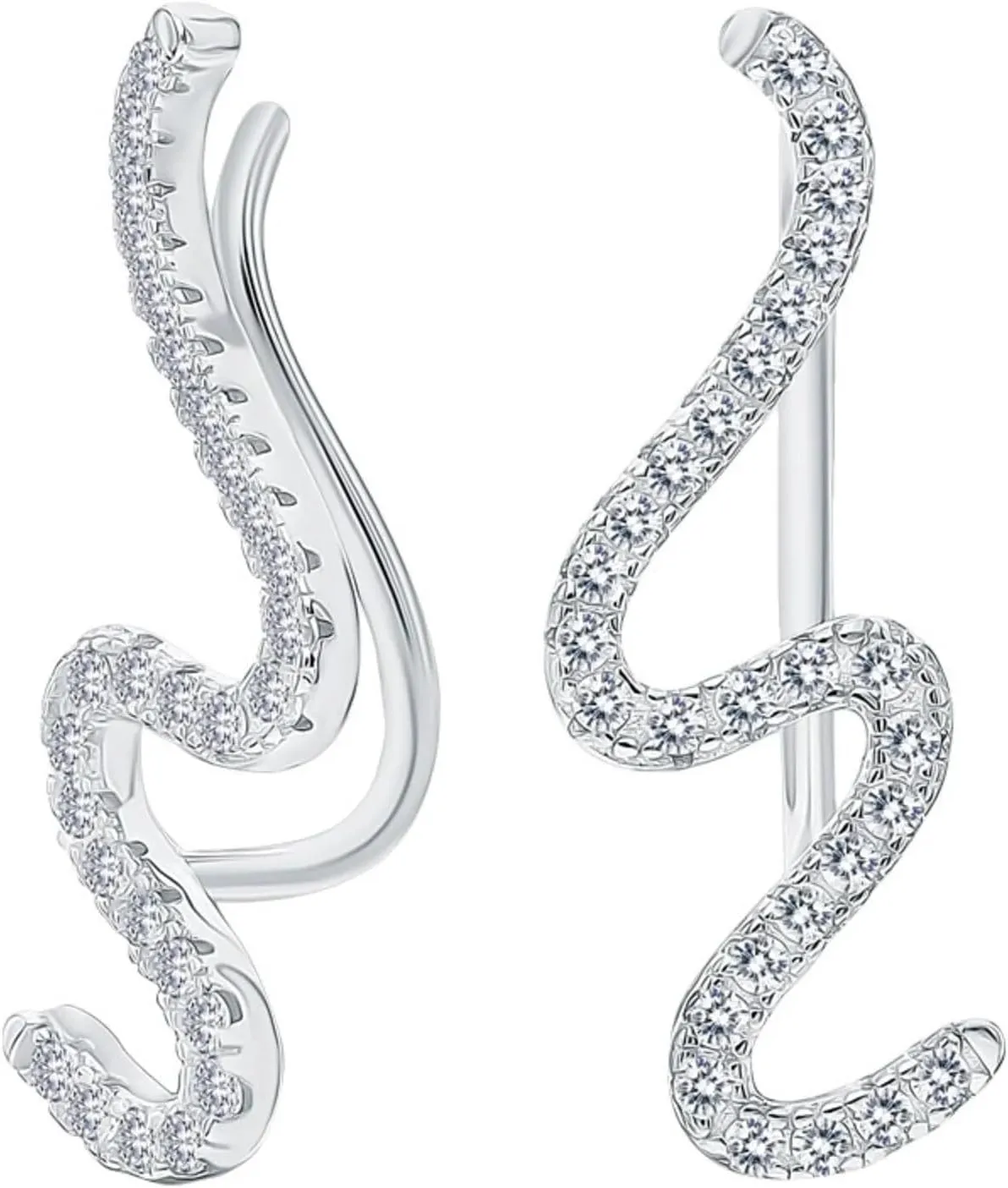14k White Gold Curved Wave Climber Earrings, Wrap Lock Crawler Ear Cuff, Bold Pave Diamond (0.84ct) Snake Earring, Gift For Her.