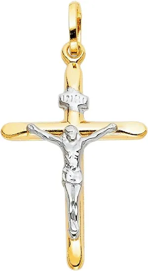 14k Yellow & White Gold Bold Cross Pendant Crucifix Religious Jesus Charm