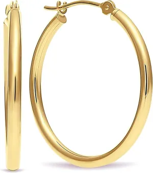 14k Yellow Gold Classic Real Gold Shiny Polished Hoop Earrings, Plain Round Gold Hoops
