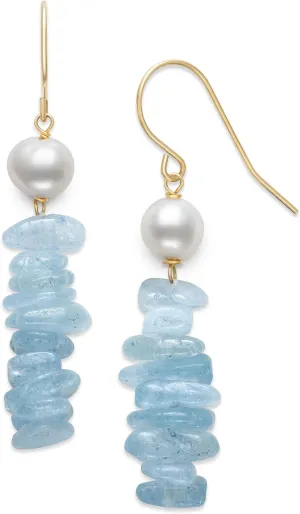 14k Yellow Gold Cultured Freshwater Pearl and Aquamarine Wire Earrings