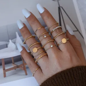 15 Pieces Diamond Rings Set with Personalized Braid Round Wave Finger Joint Tail Ring for Women