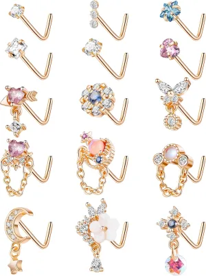 15PCS 20G 316L Stainless Steel Dangle Nose Studs for Women L Shape Nose Stud Moon Chain Heart Flower Nose Rings CZ Dangling Nose Piercing Jewelry