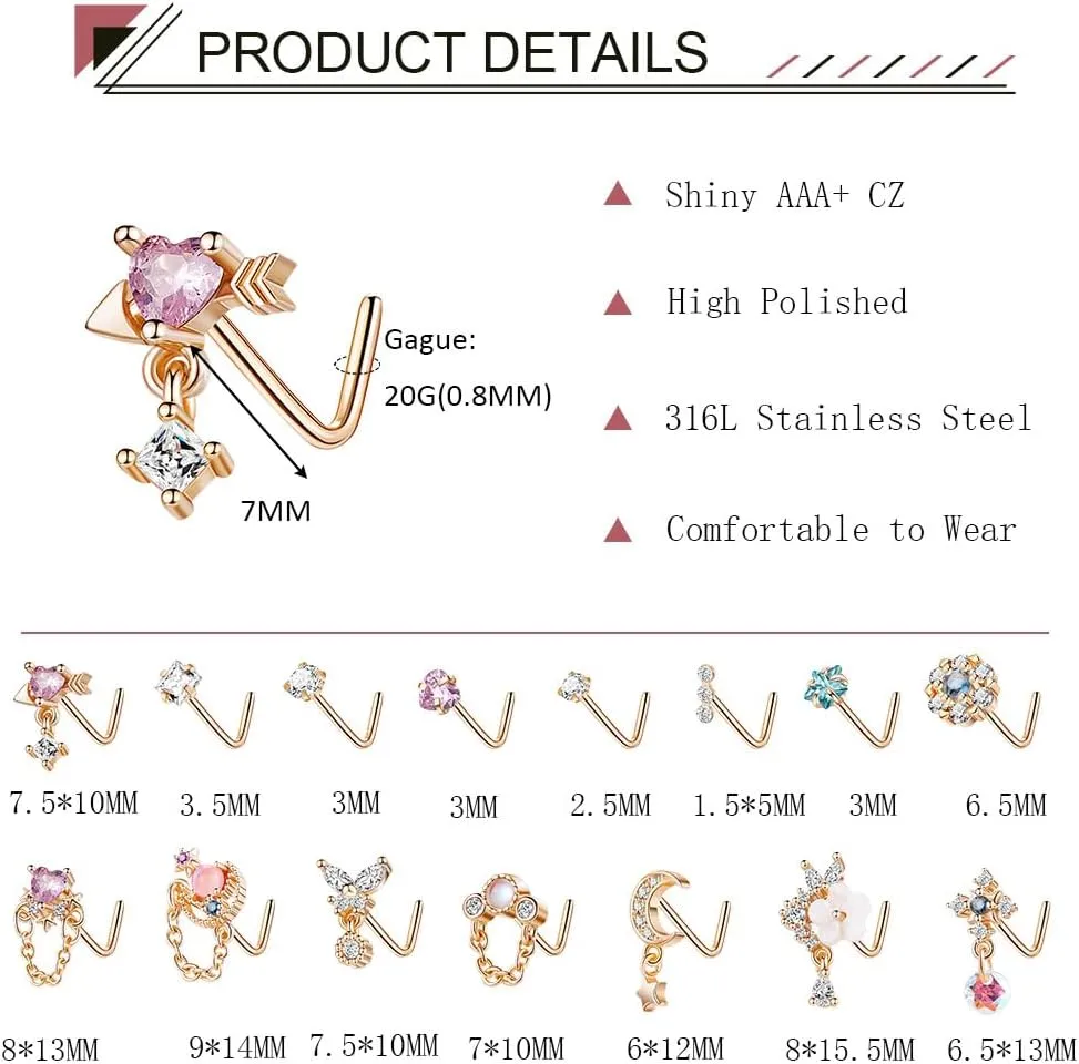 15PCS 20G 316L Stainless Steel Dangle Nose Studs for Women L Shape Nose Stud Moon Chain Heart Flower Nose Rings CZ Dangling Nose Piercing Jewelry