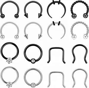 16g Septum Nose Rings For Women Surgical Steel Septum Piercing Jewelry Captive Bead Rings Horseshoe Helix Daith Earring Lip Ring Nose Hoop Hinged Seamless Piercing Jewelry Silver Black 8mm 16g