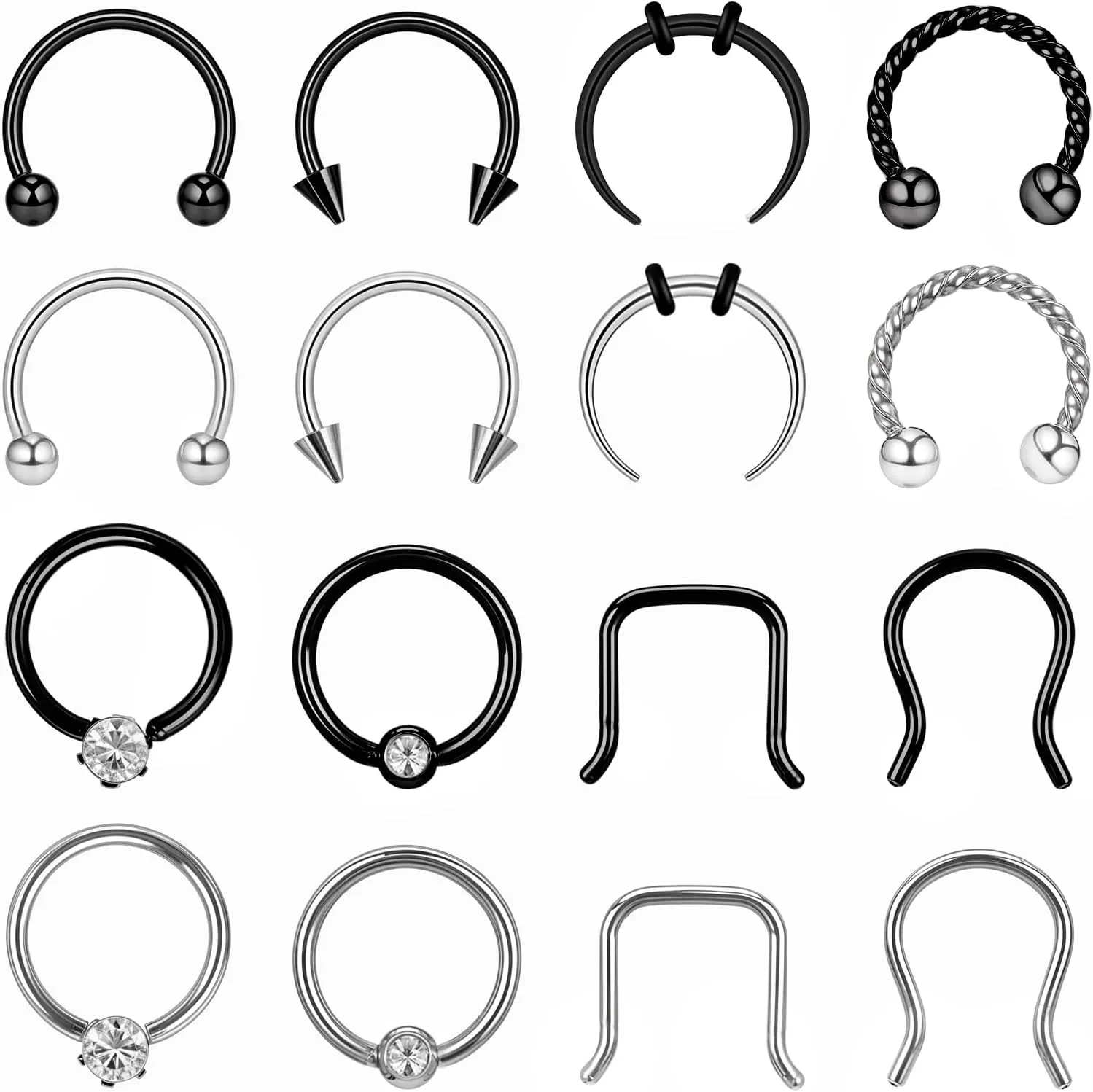 16g Septum Nose Rings For Women Surgical Steel Septum Piercing Jewelry Captive Bead Rings Horseshoe Helix Daith Earring Lip Ring Nose Hoop Hinged Seamless Piercing Jewelry Silver Black 8mm 16g