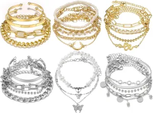 17IF 18-25 PCS(6 Pack) Boho Gold Bracelets Set for Women Stackable Chunky Dainty Bangles Adjustable Chain Flat Cuff Cuban Punk Charm Bundle Jewelry