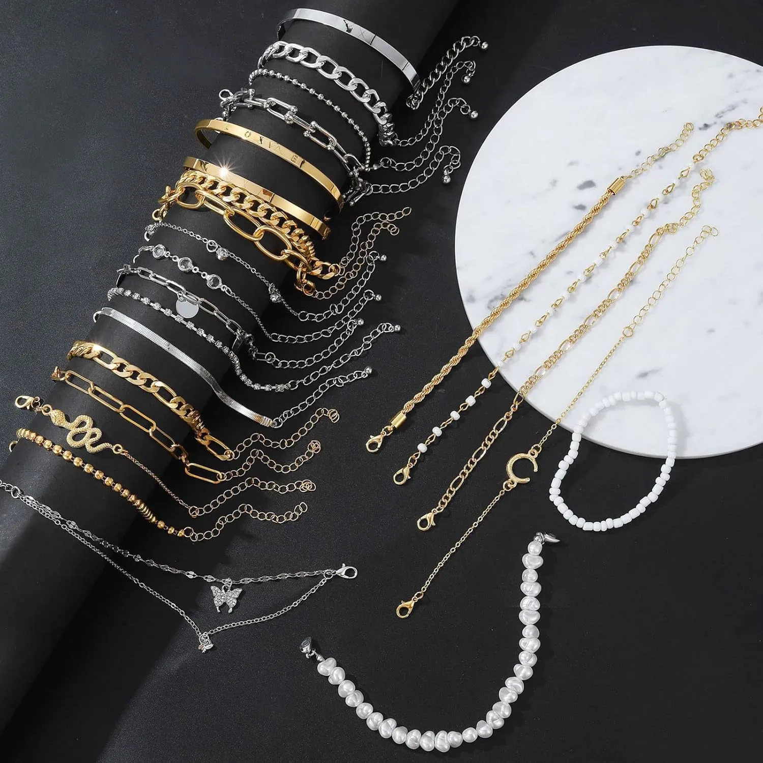 17IF 18-25 PCS(6 Pack) Boho Gold Bracelets Set for Women Stackable Chunky Dainty Bangles Adjustable Chain Flat Cuff Cuban Punk Charm Bundle Jewelry